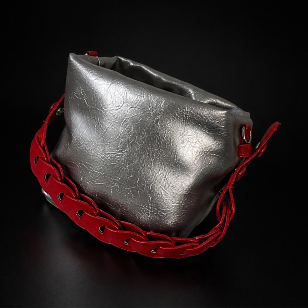 Silver Metallic Shoulder Bag with Red Braided Strap